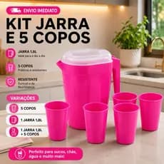 Kit Completo Jarra 1,8L + 5 Copos Plástico Premium  Resistente Prático Cozinha Rosa