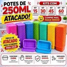Kit Potes Plástico com Tampa 250ml 15 até 60 Unidades