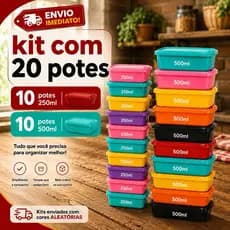 Kit 20 Potes Plásticos com Tampa | 10 Potes 250ml + 10 Potes 500ml | Armazenar alimentos