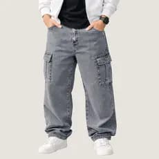 Calça Jeans Cargo Masculina Baggy Grafite 100% Algodão Cintura Elástica com Cordão Masculino Streetwear Boca Larga