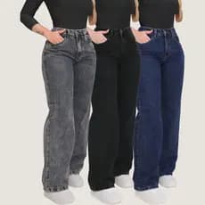 Kit 3 Calça Jeans Wide Leg  Pantalona Cintura Alta Jeans