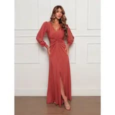 Vestido Festa Madrinha Convidada Longo Fenda Nol Manga Longa