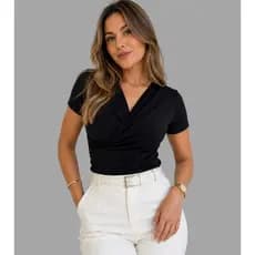 Blusa Feminina Transpassada Manga Curta Blusinha Casual Elegante Dia a Dia Cores Lisas