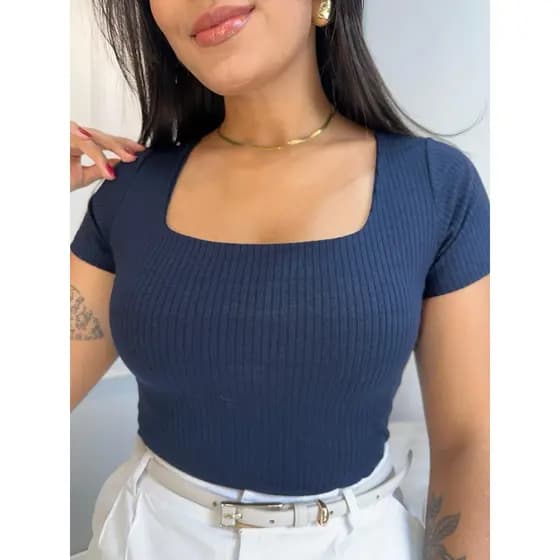 Blusa Básica Feminina Canelada Decote  Quadrado Blusinha Básica Dia a Dia Casual Elegante