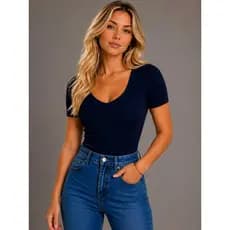 Blusa Justa Canelada Feminina - Gola Decote Quadrado Recortes Manga Curta, Look Moderno