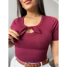 Blusa Feminina Básica Canelada Premium Manga Curta Laço Decote Casual Elegante Trabalho