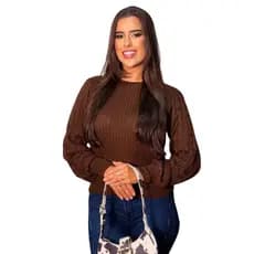 Blusa Feminina Tricô Canelada Manga Longa com Detalhes de Trança - Gola Canoa Tendência