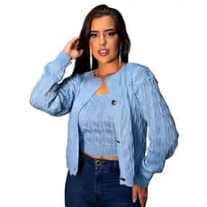 Conjunto Casaco Feminino de Tricô Cardigan de Frio com Botões e Tranças e Regata Tricot