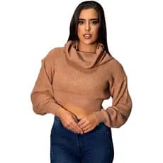 Blusa Cropped de Tricot Gola Boba Lançamento Feminino Manga Longa Elegante de Frio Gola Alta