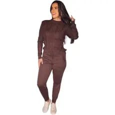 Conjunto Feminino Tricot Calça com Punho e Blusa Pompom Manga Longa Moda Inverno