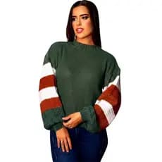 Blusa De Frio Feminina Gola Canoa com Mangas Detalhadas Listadas e Coloridas Detalhada Tricot