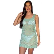 Vestido Saída de Praia Tricô Feminino Curta Ponto Crochê Acinturada com Fenda Moda Praia