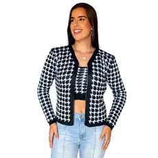 Conjunto Feminino Tricot  Pied Poule Casaco Manga Longa + Top Moda Elegante