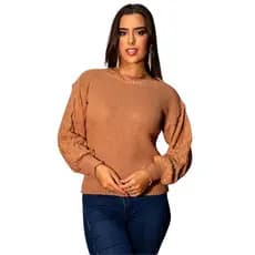 Blusa Feminina Manga Trabalhada Tricot Ponto Fang Gola Canoa Tendência