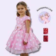 Vestido De Festa Infantil Minnie Menina Curto Luxo Com Luva
