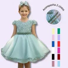 Vestido Infantil Festa Bordado Com Cinto De Pérola Luxuoso Curto