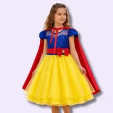 Vestido Infantil Juvenil Curto Festa  Princesa Branca de Neve com Capa