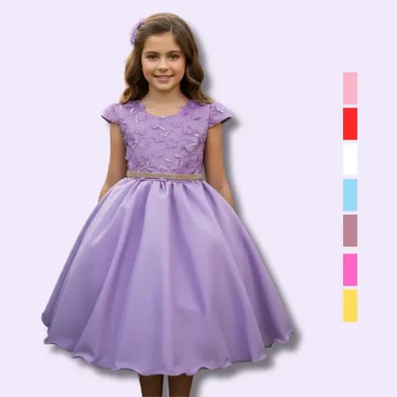 Vestido Juvenil Curto Com Aplicações de Flores Elegante