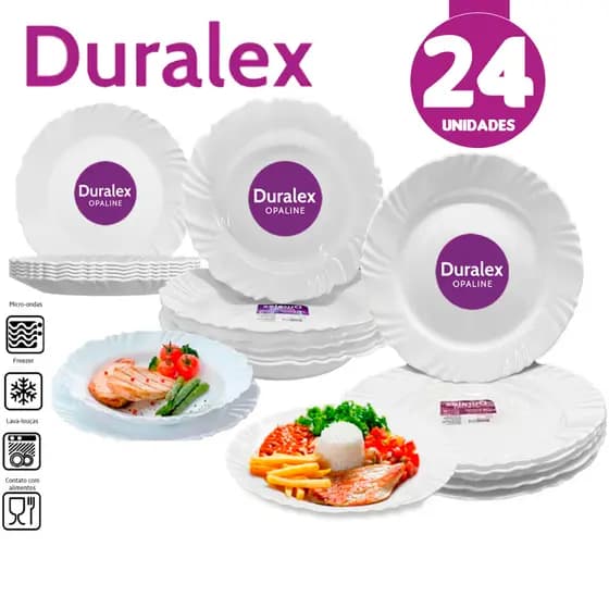 Jogo Kit Pratos Duralex Pétala 24 Unidades Vidro Opaline 8 Raso 8 Fundo 8 Sobremesa Jantar - Moderno