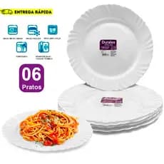 Kit Jogo 6 Pratos Pétala Raso Opaline Vidro Branco temperado e Resistente Almoço e Jantar -  Duralex