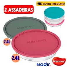 Kit de 02 Assadeiras de Vidro anti Risco com Tampa Redonda Sortidas 2,4L Marinex Tigelas Resistentes