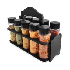 Porta Tempero com Alça MDF Preto ou Bege 6mm e 10 Potes 130ml P/ Tempero e Especiarias 130ml Tampa Dosadora Dupla