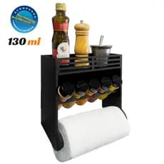Suporte Tempero Condimentos 5 Potes 130ml com Suporte Papel Toalha + Etiquetas Tempero