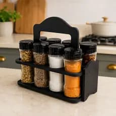 Kit Porta Tempero MDF 6mm com Alça + Potes para Tempero e Especiarias 130ml Tampa Dosadora Dupla