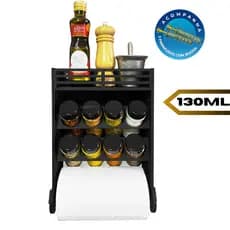 Porta Tempero de Parede MDF + 8 Potes de Plástico 130ml Tampa Dosadora Dupla P/ Temperos Especiarias