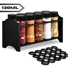 Porta Tempero MDF 6mm + 10 Potes para Tempero Plástico 130ml Tampa Dosadora Dupla Organiza Temperos