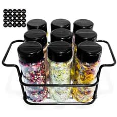 1 Suporte Preto de Ferro com 9 Potes 130ml Temperos Condimentos Bancada Cozinha com Etiquetas