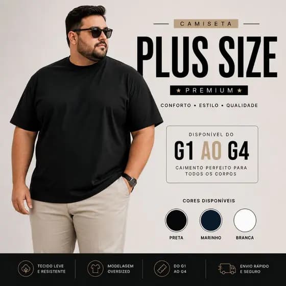 Camiseta Plus Size Masculina G1 ao G4 100% Algodao - Basica Gola Canelada