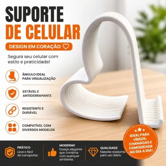 Suporte de Celular Mesa Formato Coração – Base Antiderrapante Universal