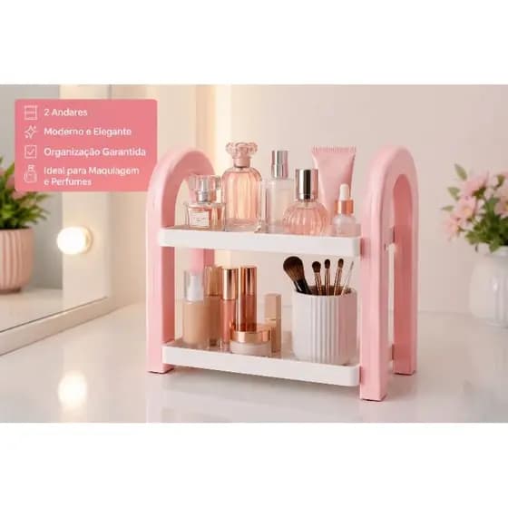 Organizador de Maquiagem e Perfumes 2 Andares | Porta Cosméticos Elegante Rosa e Branco
