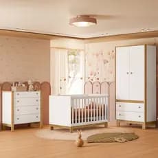 Jogo De Quarto Completo Infantil Bebê Guarda Roupa Cômoda Berço Mini Cama C/ Colchão Flora 5055/5135/4315
