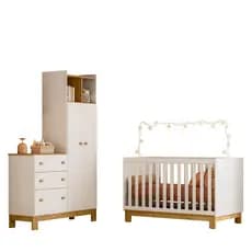 Jogo De Quarto Completo Infantil Bebê Guarda Roupa C/ Cômoda 2 Portas 3 Gavetas 1 Nicho Berço Mini Cama Flora 4970/4315