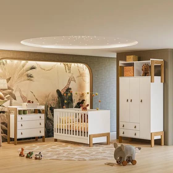 Jogo De Quarto Completo Infantil Bebê Guarda Roupa Cômoda Berço Mini Cama C/ Colchão Fantasia 4375 / 4300 / 4410