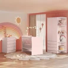 Jogo de Quarto Infantil Bebê Guarda Roupa 2 Portas Cômoda 4 Gavetas Berço Simples C/ Colchão Doce Sonho 825 / 1 / 777