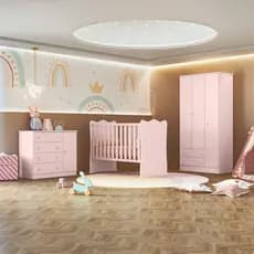 Jogo De Quarto Completo Infantil Bebê Guarda Roupa Cômoda 4 Gavetas Berço Simples C/ Colchão Doce Sonho 2617 / 2561 / 1