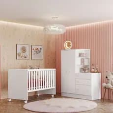 Jogo De Quarto Completo Infantil Bebê Guarda Roupa Com Cômoda 2 Portas 3 Gavetas Berço 4 Rodízios 4070 / 3540 Doce Sonho