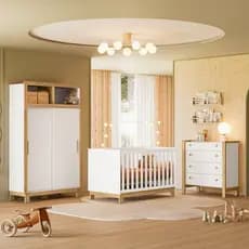 Jogo De Quarto Completo Infantil Bebê Guarda Roupa Cômoda 4 Gavetas Pés Em MDF Berço Mini Cama Flora 5085/5135/4315