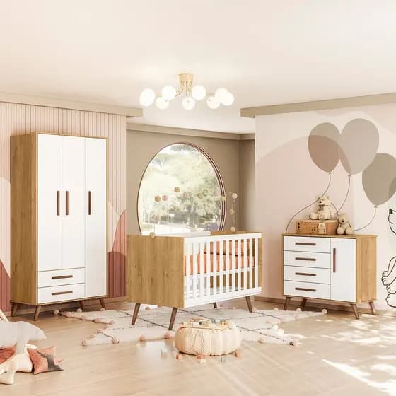 Jogo De Quarto Completo Infantil Bebê Guarda Roupa Cômoda Berço Mini Cama Americano C/ Colchão 3830 / 3825 / 3820