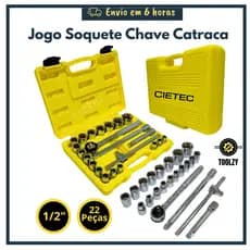 Jogo Soquete Chave Catraca Reversível 1/2 Pol Kit Ferramentas Profissional Cietec