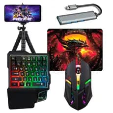 Kit Mobilador de Celular Teclado Uma Mao RGB + Mouse Gamer 1600dpi + Hub usb 3.0 Tipo C