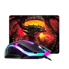 Kit Combo Mouse Gamer Para Jogo Óptico com LED RGB USB + Mousepad Estampado