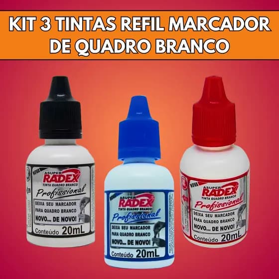 KIT 3 Cores Tinta Marcador P/ Quadro Branco 20ML Cada Radex Durável
