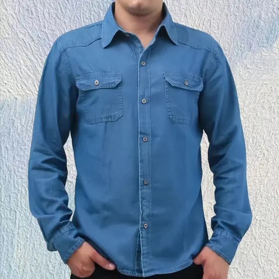 Camisa Jeans Social Masculino Manga Longa 38 até 48 Com Bolso Slim Fit