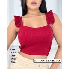 Kit Com 3 Cropped Canelado Alcinha Babado Blogueira Elegante Bojo Blusinha