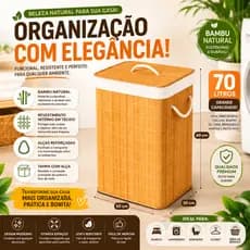 Cesto Organizador de Roupas 70L com Tampa e Alças de Bambu Dobrável Lavanderia Premium
