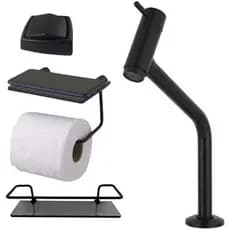 Kit Para Banheiro Torneira Cuba  Porta Shampoo Reto Porta Celular Acabamento De Descarga
